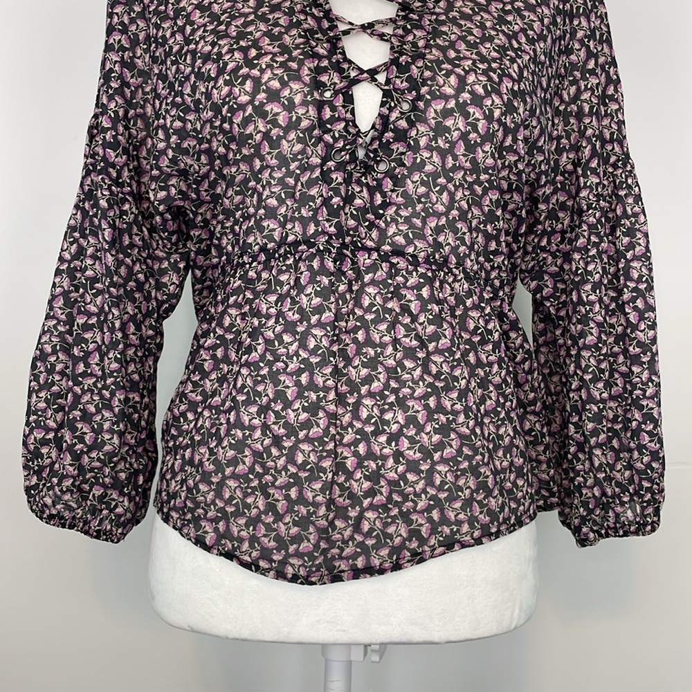 MCGUIRE Gray and Purple Floral Long Sleeve Cotton Peplum Blouse. Size Small. - Picture 3 of 12